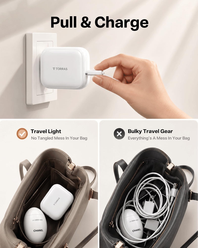 TORRAS FlexLine 40W USB C Charger,Dual-Port GaN Retractable Wall Charger | iPhone17/16/15,iPad,Macbook,Galaxy Compatible,Retractable Cable&Foldable Plug,Fast Charging,GaN,Travel and Desk Use