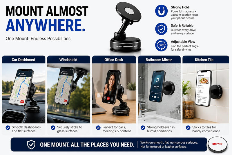 Car Phone Holder Mount, Manual Vacuum Magnetic Suction Cup for Dashboard & Windshield, 360° Adjustable Phone Holder for Car, MagSafe Compatible, USB-C Cable Included, iPhone & Android