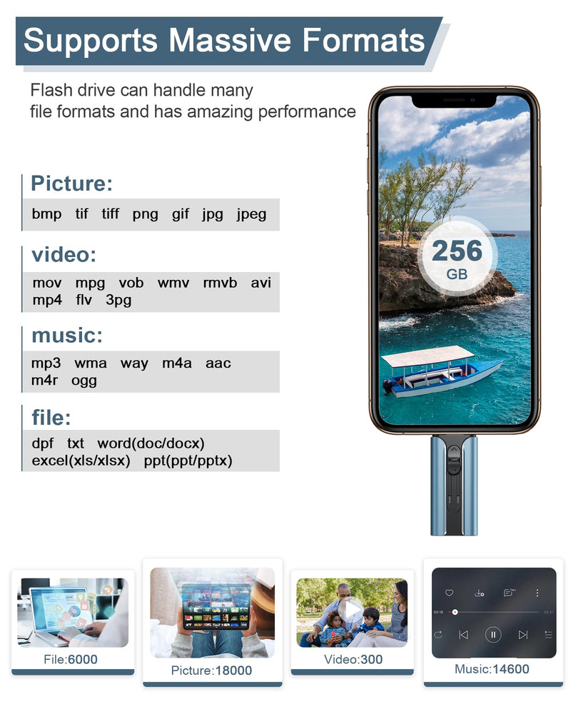 256GB USB Flash Drive for Phone and Pad, Photo Stick High Speed External USB Thumb Drives Photo Storage Memory Stick for Save More Photos and Videos (DarkBlue, 256GB) Dark Blue