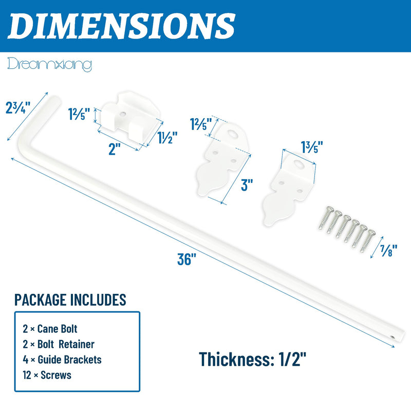 36" Heavy Duty Cane Bolt Gate Drop Rod Hardware Ground Latch for Wood PVC Vinyl Metal Fences Gates, Double Doors, White Solid Steel -2 Pack 2 36 Inch