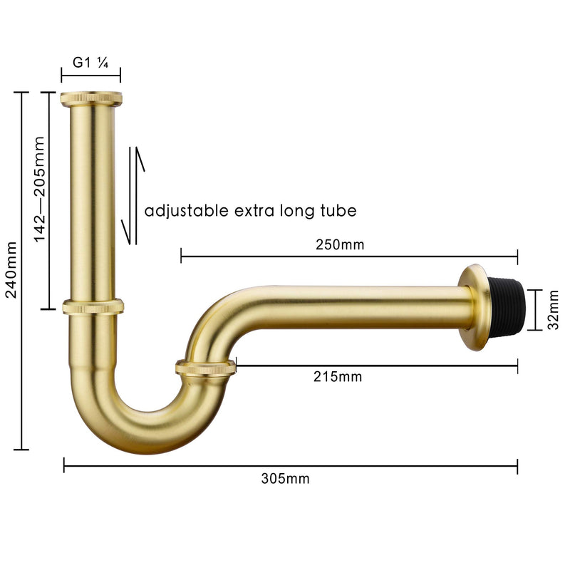 Brass P Trap, 1 1/4 Bathroom Basin Sink Waste Trap Drain Kit with Flange and Slip Joint Extension Tube Drain Tailpiece, Adjustable Height, Brushed Gold Brass Finish