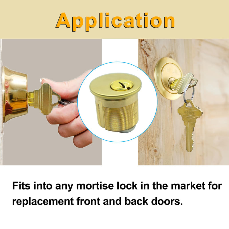 2 Pack Brass Mortise Door Cylinder Lock, 1 1/8" Inch Length Keyed Standard SC1 Keyway, Door Replacement Lock Cylinder with 2 keyed Different Keys Suitable for Home and Commercial Use (Golden).