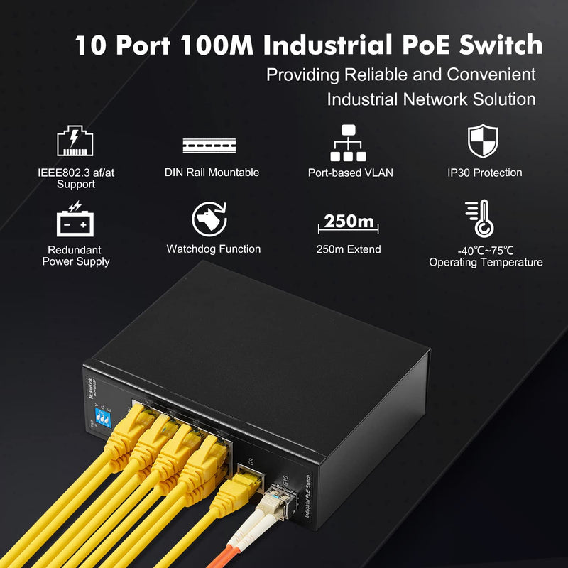 MokerLink 10 Port PoE Industrial Din Rail Switch, 8 Ports PoE+ 100Mbps IEEE802.3af/at, 1 Gigabit Ethernet and 1 SFP Uplink, Vlan & Extend Mode, DIN-Rail & Wall Mount 8POE + 2GE + 1SFP