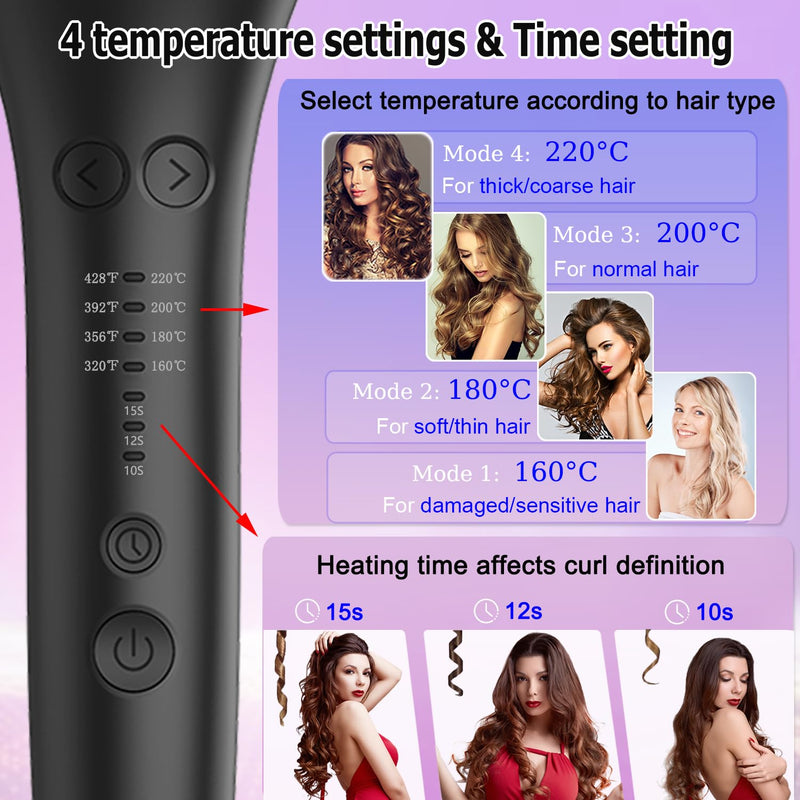 Hair Curler, Curling Wand, 4 Temperature Settings and 3 Heating Durations, Fast Heating Hair Curler for Long Hair (Black)
