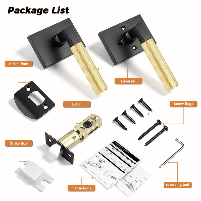 Probrico Brushed Gold Door Handles with Black Lever, Knurled Privacy Door Handle with Push Button Lock for Bedroom or Bathroom, Modern Interior Door Handle, Heavy Duty Keyless Privacy Lever Matte Black&Gold 1