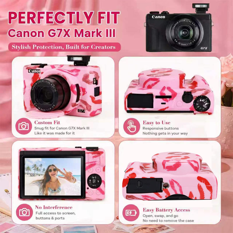 Cute Camera Case for Canon G7X Mark III,Silicone Protective Cover with Removable Lens Cap,Bracelet Wrist Strap & 2 Pack Tempered Glass Screen Protector for Women (Pink Lips) Pink Lips