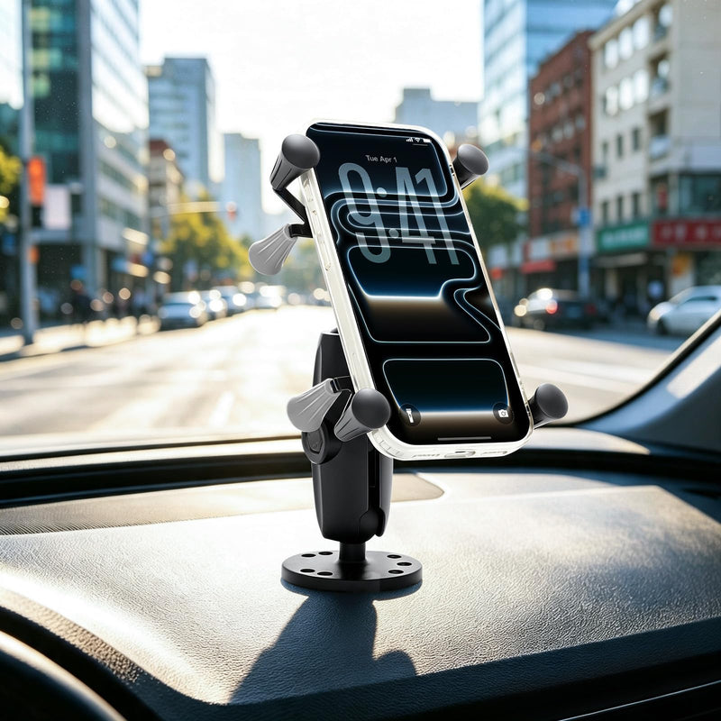 Strg Phone Mount with Drill-Down Round Base for 1.41-4.25" Phones | Phone Holder with Aluminum Alloy Double Socket Arm and 1" Ball Mount for Car Motorcycle Bike Truck Kayak Boat Phone Mount