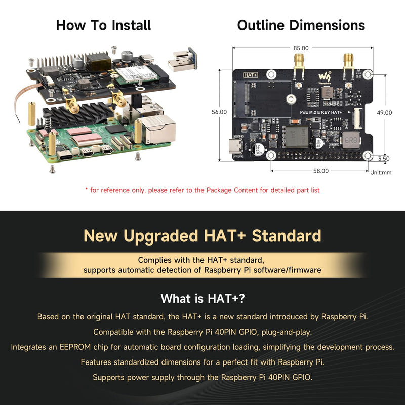 waveshare PCIe to M.2 E Key Adapter with PoE Function, Compatible with Raspberry Pi 5, Support NGFF (M.2 E Key) Wireless NIC, Raspberry Pi 5 PCIe HAT