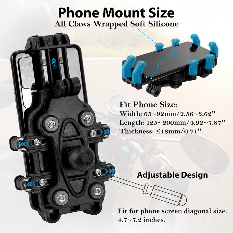 EMERK Motorcycle Phone Mount Holder - [Dual Vibration Dampener] [Anti-Shake Anti-Theft] Bike Phone Holder, Adjustable Handlebar Cellphone Cradle for Bicycle Road Scooter ATV Fit 4.7''-7.2'' Smartphone Heavy-duty Basic