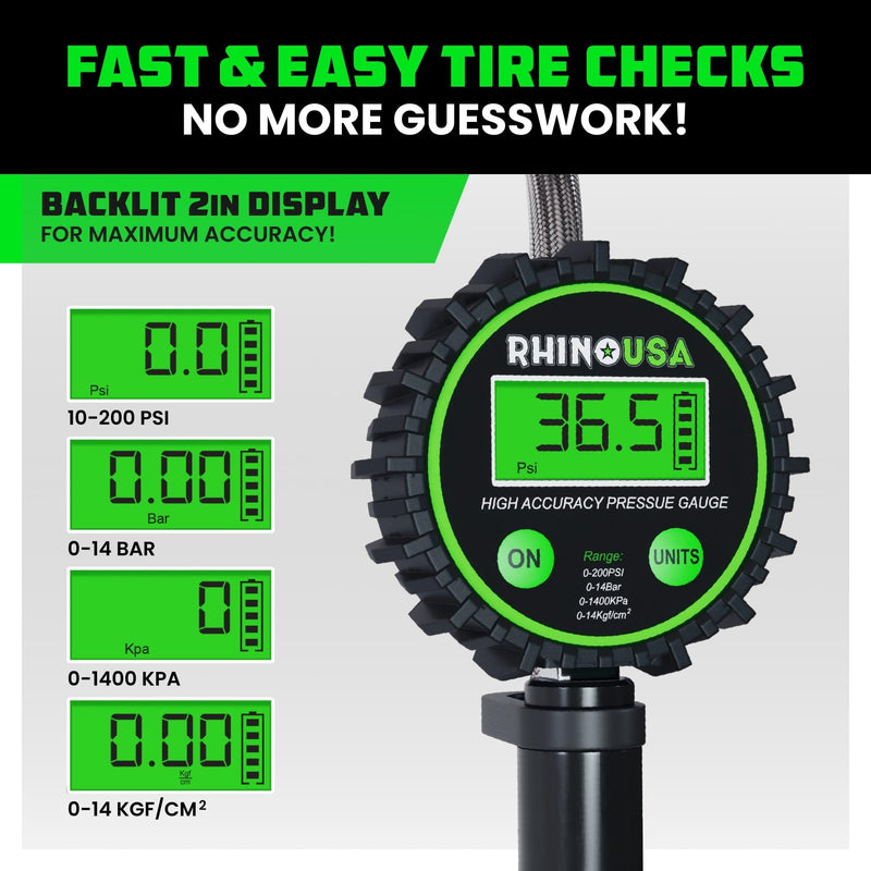 Rhino USA Digital Tire Pressure Gauge with Inflator (0-200 PSI) - Heavy Duty Air Chuck and Compressor Accessories with Stainless Braided Hose, Large 2" Dial and Solid Brass Hardware for Truck and RV 200psi Digital