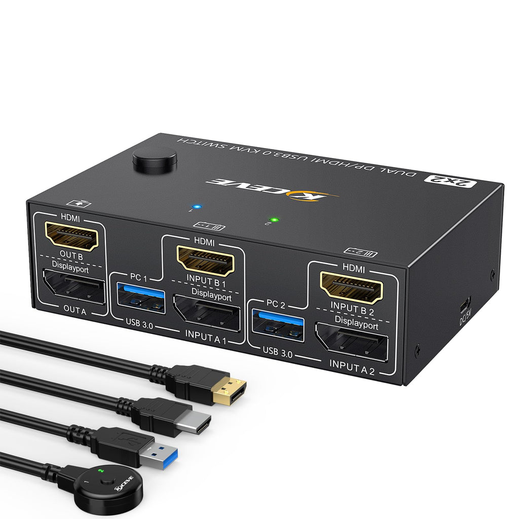 Dual Monitor KVM Switch 4K@60Hz,USB3.0 HDMI+Displayport KVM Switch for 2 Computer Share 2 Monitor and 4 USB3.0 Port Keyboard Mouse,Wired Remote KVM Cables Included HDMI DP KVM Switch 2 monitor