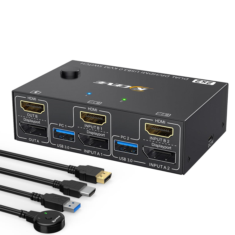 Dual Monitor KVM Switch 4K@60Hz,USB3.0 HDMI+Displayport KVM Switch for 2 Computer Share 2 Monitor and 4 USB3.0 Port Keyboard Mouse,Wired Remote KVM Cables Included HDMI DP KVM Switch 2 monitor