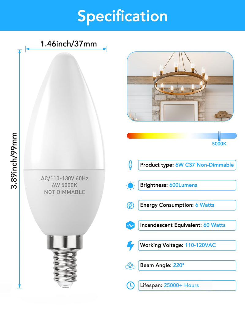 PARTPHONER E12 LED Light Bulbs B11 Candelabra Bulbs 60W Equivalent, Non-Dimmable 6W LED Candle Chandelier Bulb 600 Lumen, 5000K Daylight White, Pack of 24 24 Count (Pack of 1)