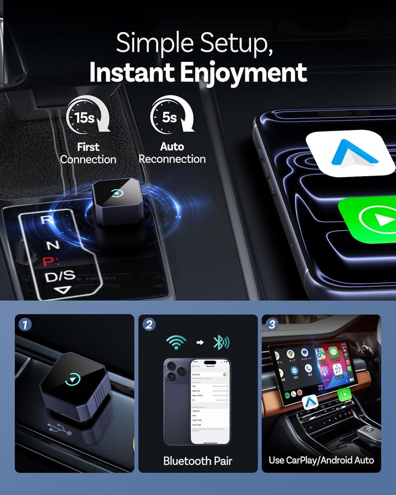 Wireless CarPlay Adapter for iPhone＆Android, 2026 Upgraded Car Play Mini Wired to Wireless Adapter for CarPlay ＆Android Auto Plug and Play Stable Connection & No Latency for iPhone iOS 10+ Blue