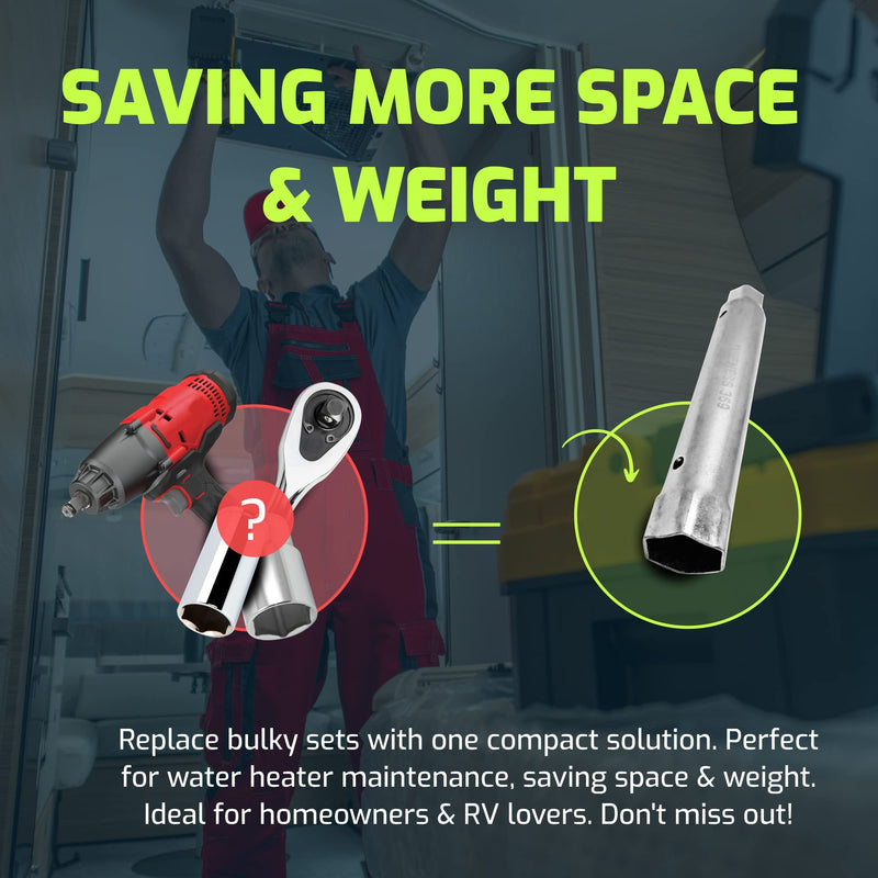 Rv Water Heater Anode Rod & Element Socket Wrench - 10" Dual Hex Extra Torque Removing the Most Stubborn Anode & water heater element - 1-1/16 in x 1-1/2 in x 10 in