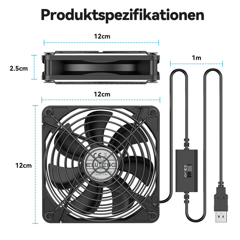 ELUTENG 120mm Double USB Fan with 8 Shock Absorbent Feet Dual USB Computer Fans 3 Adjustable Speeds Quiet PC Cabinet Cooling for Router, Receiver, TV Box, DVR, Xbox, PS6, PS5, Cabinet