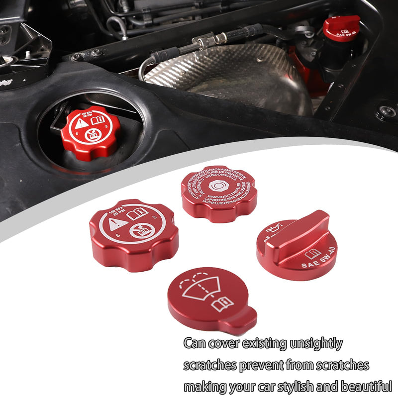 Aluminium Alloy Engine Oil Cap Radiator Cap Washer Cap Brake Fluid Cap Cover Trim Compatible with Chevrolet Corvette C8 2020-2023, Engine Cap Cover Set C8 Accessories 4PCS (Aluminum - Red) Aluminum - Red