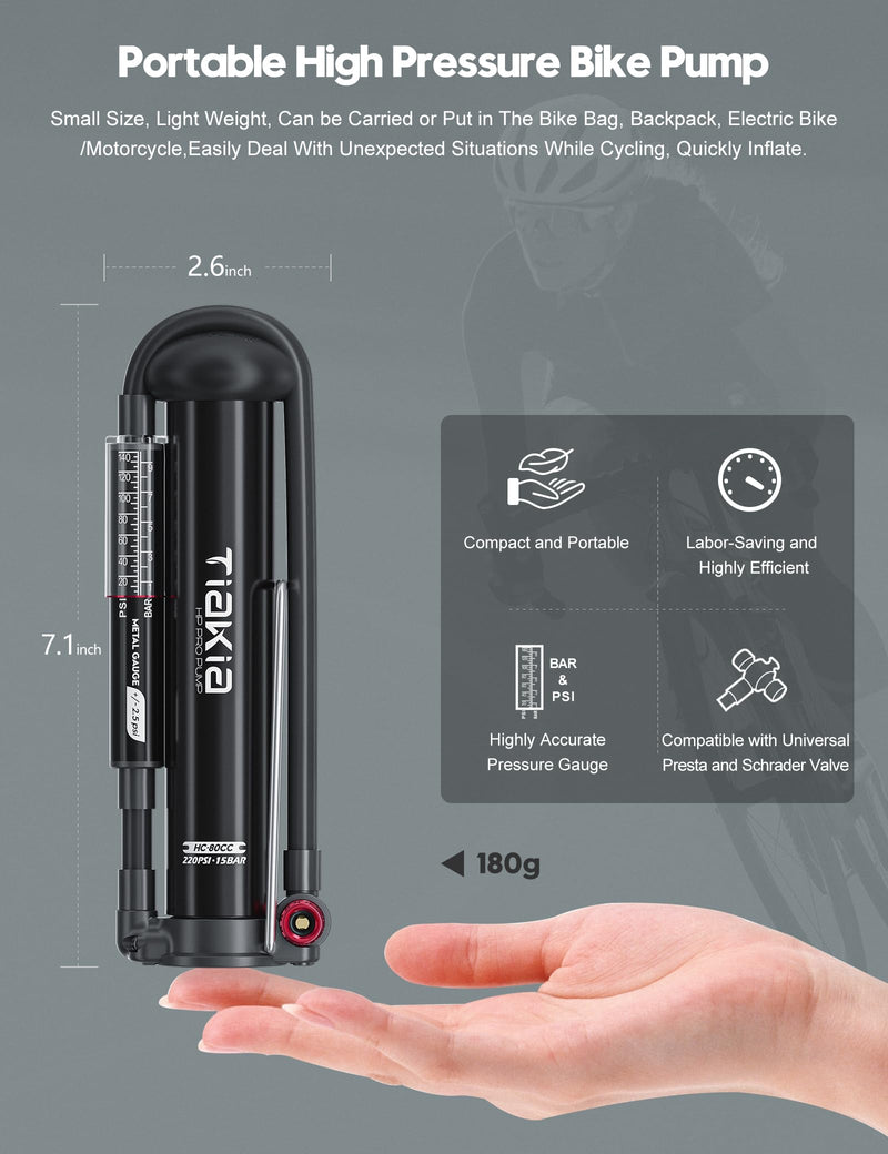 Tiakia Bike Pump with Gauge, High Pressure Bicycle Pump High Volume Portable Hand Air Pump Fit Presta, Schrader Valves Aluminum Bike Tire Pump for Mountain Road Bike, Strollers, Balls Mini Bike Pump 220PSI