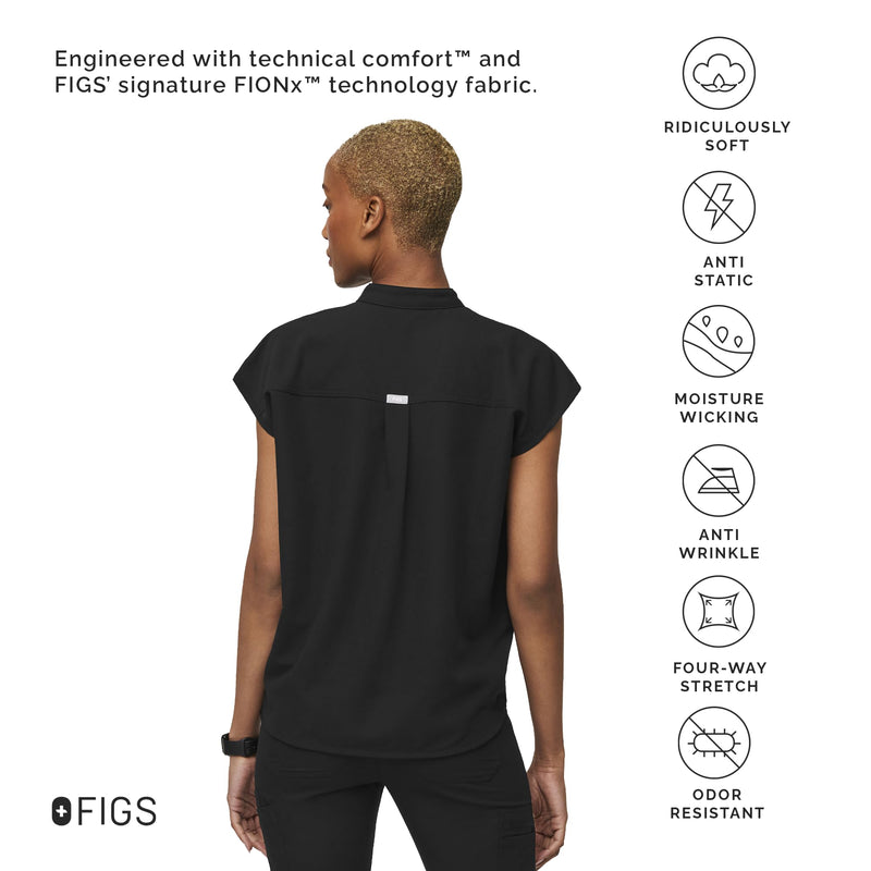 FIGS Rafaela Oversized Scrub Top for Women — Mandarin Collar, Shirttail Hem, 3 Pockets, 4-Way Stretch Small Black 3.0