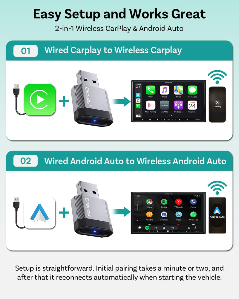 OTTOCAST Mini Nova Wireless CarPlay & Android Auto USB-C Adapter | 2-in-1 adapter for iPhone iOS 10+ & Android 11+, auto-reconnect for 800+ wired CarPlay vehicle models (2016+)