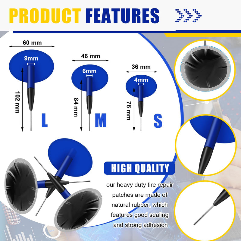 Tallew 74 Pcs Heavy Duty Tire Patches Kit Rubber Radial Tire Repair Patch Plug Kit Repair Emergency Tool for Puncture Car Truck Bus Tractor Vehicle Motorcycle 32mm, 42mm, 58mm, 65x80mm, 85x120 mm