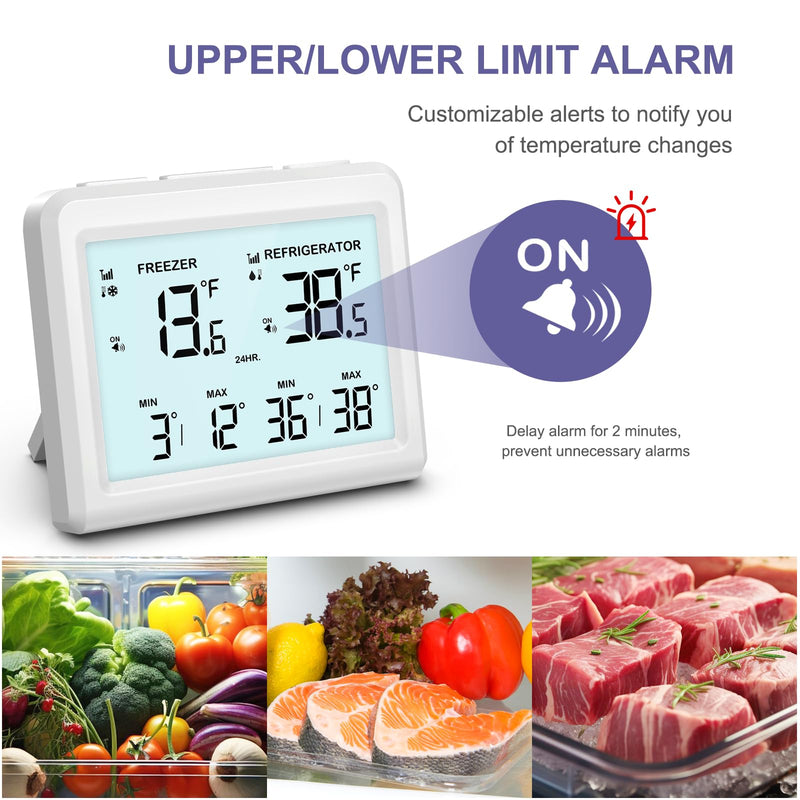 Digital Refrigerator Thermometer - 3.7 inch LCD Backlight Freezer Thermometer with 2 Sensors, Digital Fridge and Freezer Thermometer with Alarm, Max/Min Records, for Homes Restaurants Cellars Regular Screen