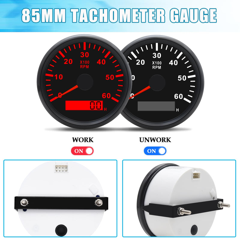 Geloo 85MM Marine Tachometer Outboard Waterproof 6000RPM Boat RPM Tacho Meter with LCD Digital Hour Meter Red Backlight for Car Truck Diesel Engine 9-32V Black
