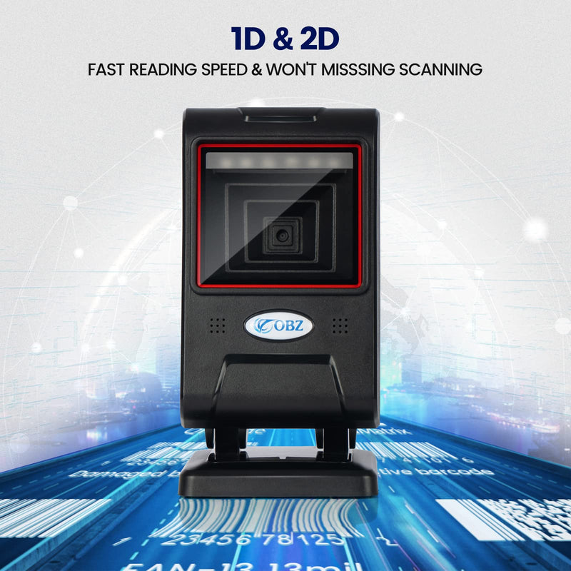 OBZ 1D 2D Desktop Barcode Scanner, QR Barcode Reader USB Handsfree Wired Scanner with Adjustable Scan Head, Automatic Barcode Reader for Android Windows Computer POS Stores Payment 2D QR Code Scanner