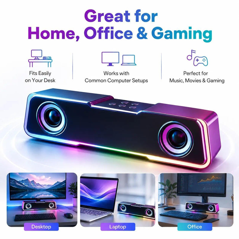 RGB Computer Soundbar Speakers for PC USB Desktop Stereo Speaker Gaming | Dual drivers deliver balanced stereo sound with enhanced clarity for music, gaming, movies and calls.