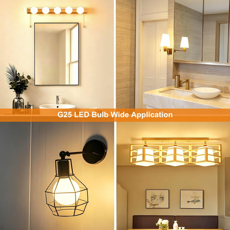 Vinaco Glass LED G25 Globe Light Bulbs 60W Equivalent, G25 Dimmable 2700K Warm White Round Frosted Vanity Light Bulb for Bathroom Mirror and Chandelier, 6 Pack Milky Frosted G 25 E26 Bulb with 450LM E26 Base（Pack of 6） 2700k Matt White Glass