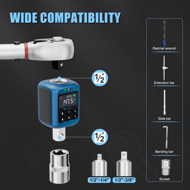 Digital Torque Adapter 1/2", 2.2-147.5 Ft-lb/3-200 Nm, Digital Torque Wrench Converter with ±2% Accuracy, Buzzer and LED Indicator, 2 Modes, 4 Units, 3/8'' & 1/4'' Adapters for Car, Moto