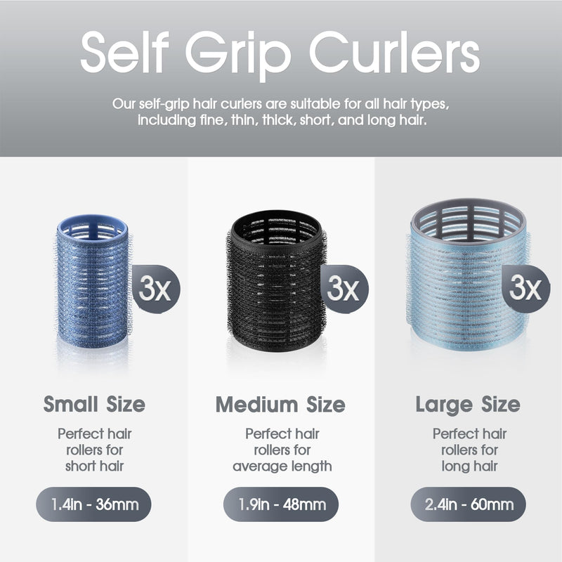 9pcs Self-Grip Hair Rollers Set,Heatless Curlers for Women Styling | Jumbo Large Medium Hot Rollers for Blowout Look,Overnight Curls,Bangs,Salon Heatless Curls,for Long Short Thick Fine Hair Grey 1 count (Pack of 9)
