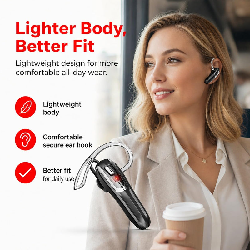 Bluetooth Headset, Bluetooth Earpiece Noise Cancelling Mic, Trucker Headset 38H Talk Time, All-Day Comfort, Quick Mute - Single Ear Bluetooth Headset for Work, Travel, Driving