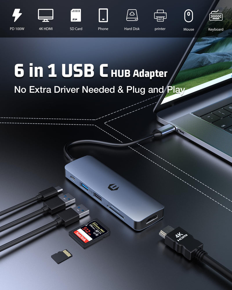 USB C Hub, Your Ultimate 6 in 1 Adapter Solution for Mac Pro/Air, iPad Pro, iMac and More, 4K HDMI, 100W PD, USB Ports, Card Reader