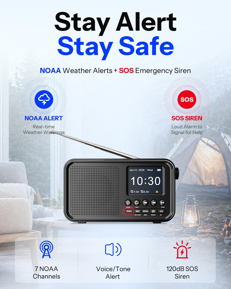 Portable FM Radio with Bluetooth, NOAA Weather Radio, 3000mAh Rechargeable | Auto Scan 40 FM Presets, 8W Speaker, 6 EQ Modes, Dual Alarms, Sleep Timer, 2.4" Color Display, Emergeny Radio SOS Black