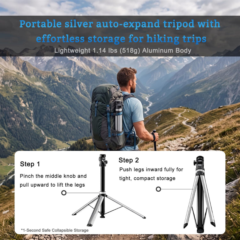 81'' Auto-Open Travel Selfie Stick Tripod for DJI Osmo Pocket 3 4 | Lightweight Extendable Aluminum Tripod Stand for Camera/Smartphone/Ring Light, Portable Tripod for Outdoor Hiking Vlogging