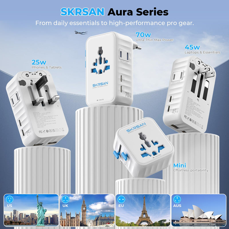 Aura 70W International Travel Adapter, 36mm Ultra-Slim 6-in-1 Universal Wall Charger, PD & QC 3.0 Fast Charging Essentials for Laptop, Phone, UK Europe USA Australia (Arctic White) Arctic White