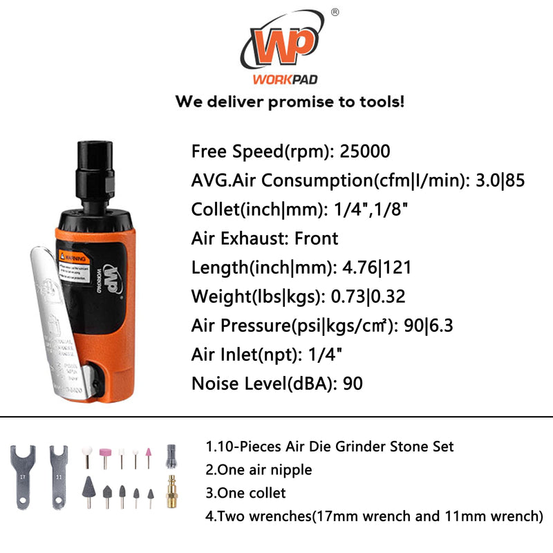 WORKPAD Mini Air Straight Die Grinder with 10-Pieces Air Die Grinder Stone Set，25000 RPM, Mini Pneumatic Tools, Equipped with 1/4-inch, 1/8-inch collets and 2 wrenches
