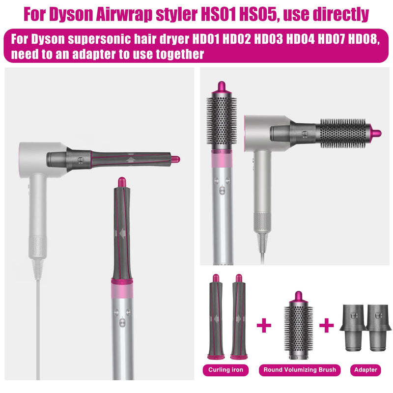 Long Curling Barrels+Round Volumizing Brush Attachments for Dyson Airwrap | 5 in 1 attachment for HS01 HS05, Adapter for Dyson Supersonic Hair Dryer HD01 HD02 HD03 HD04 HD07 HD08 5 in 1 Attachments