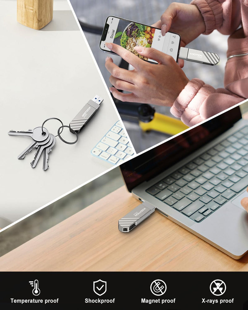 KOOTION 256GB USB 3.2 Flash Drive Metal Type C USB Solid State Drive Up to 450MB/s Dual USB C Flash Drive Swivel Thumb Drive Pen Drive Memory Stick for iPhone15, Silver Up to 450 MB/s
