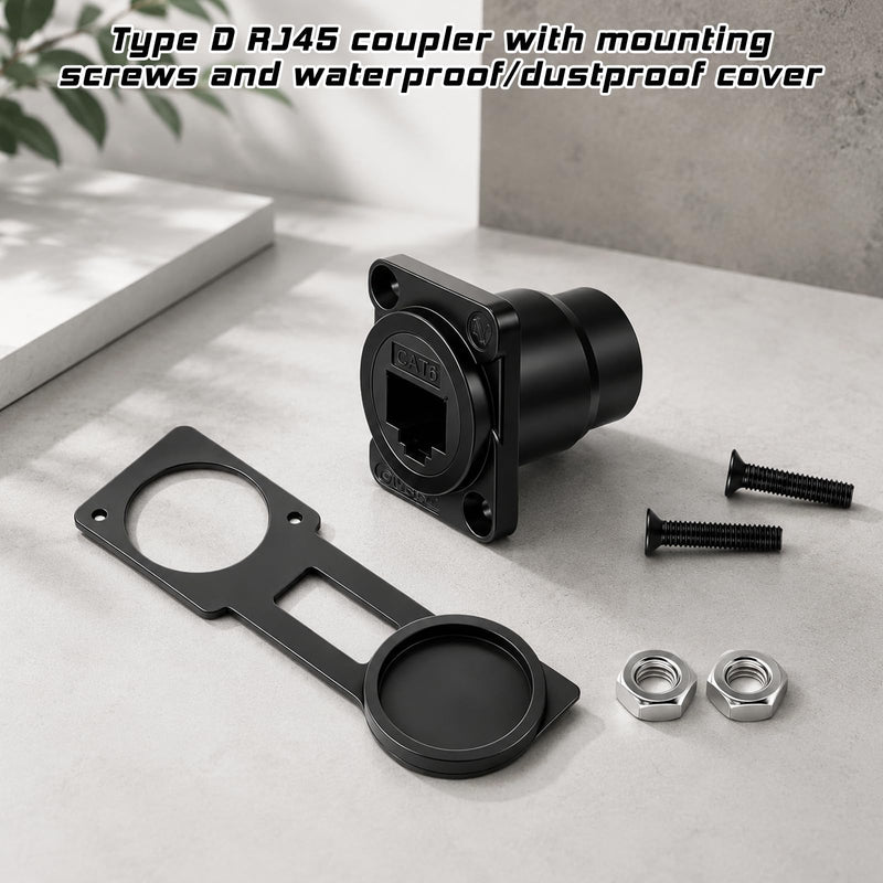 2 Pack Passthrough Rj45 Connectors Dc Power Extension Cable | RJ45 CAT6 Panel Mount Adapter, Ethernet Pass-Through Connector, D-Type Panel Mountable with Waterproof Cover Screw(Black)