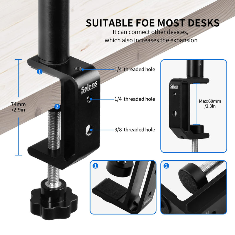 Selens Tabletop Camera Desk Mount Stand, 9.4"-18.5" with 1/4" Ball Head, Adjustable Desktop Stand Mount for DSLR Camera, Ring Light, Live Streaming, Video Studios