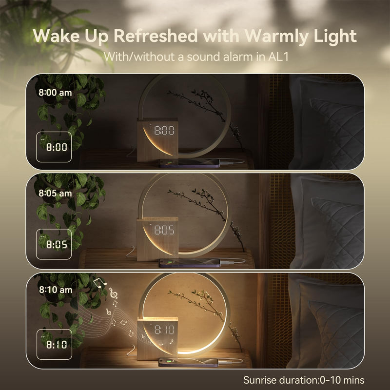 Vivilumens Sunrise Alarm Clock for Heavy Sleepers Adults, Wake-up Light, Sleep Aid 10 White Noise Sound Machines with 30/60/90 Timer, 3 Level Dimmable Touch Table Lamp with Snooze USB Charger Port Wood Grain