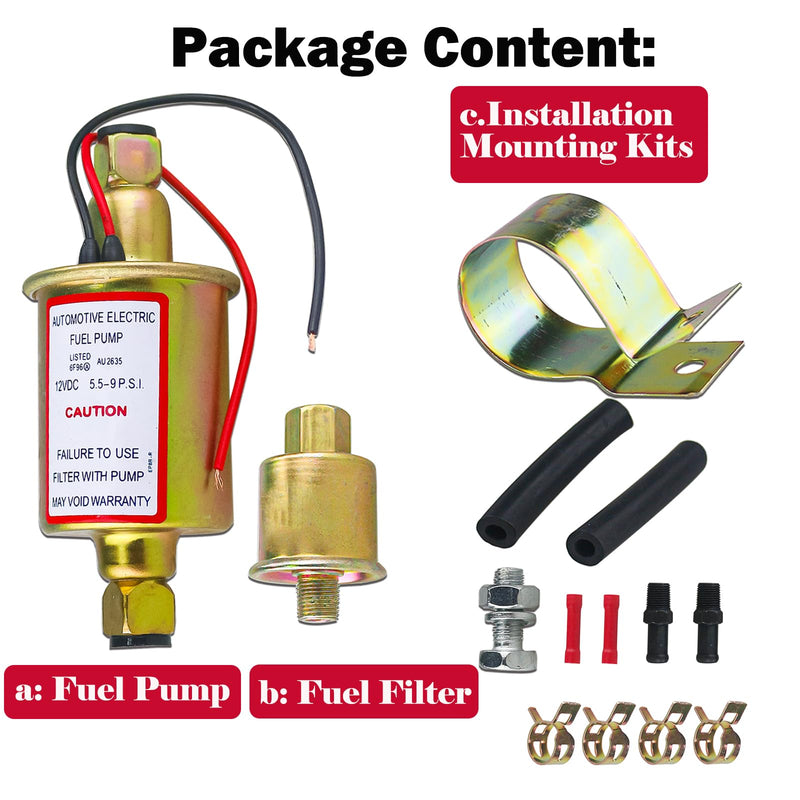 Universal Electric Fuel Pump 5-9 PSI 30GPH 12V DC E8012S Gasoline and Diesel Fuel Pump for Carburetor Engine E8012S, FD0002, P60430, EP12S, 6414671 5-9 PSI 12V