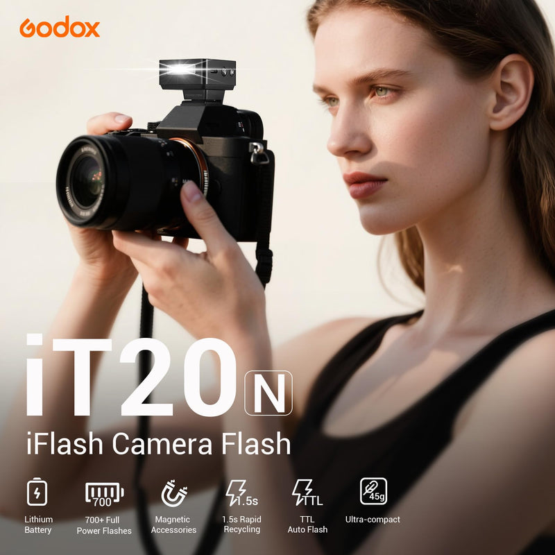 Godox iT20-N Ultra-Compact Camera Flash - Upgraded from iM20 with TTL Function & Magnetic Accessories, 45g Lightweight, 700+ Flashes, 1.5s Recycling, USB-C Charging, Compatible with Nikon Cameras Godox IT20-N