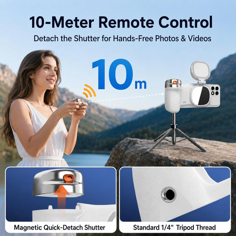 Magnetic Phone Camera Grip Creator Kit with Selfie Light & Wireless Shutter | Creator kit for steadier selfies, videos, TikToks, Zoom calls, and product shots with adjustable light and remote shutter. White
