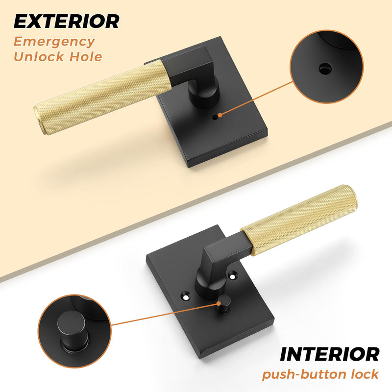 Probrico Brushed Gold Door Handles with Black Lever, Knurled Privacy Door Handle with Push Button Lock for Bedroom or Bathroom, Modern Interior Door Handle, Heavy Duty Keyless Privacy Lever Matte Black&Gold 1