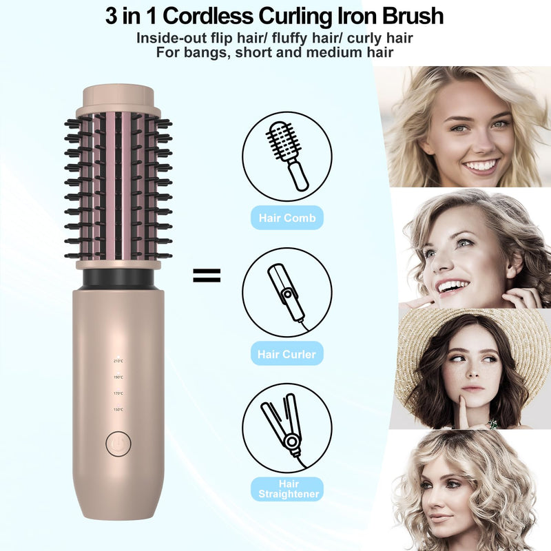 Cordless Hair Curling Brush, 40mm Portable Travel Cordless Hair Curler | 150-210℃, 7000mAh USB Rechargeable Heated Curling Iron and Straighteners for Daily Styling & Travel Gold