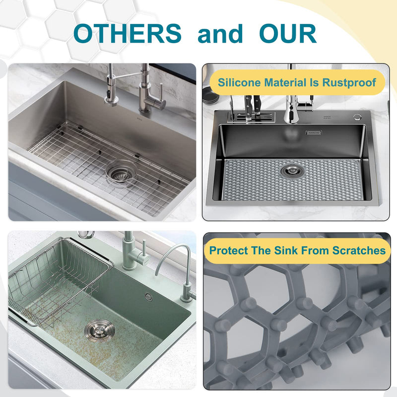 Bestjing Silicone Sink Protectors for Kitchen Sink with Rear Drain - 26"x 14" Kitchen Protector Accessory, Non-Slip Heat Resistant Grid Mat for Bottom of Farmhous Peorcelain Stainless Steel(Rear Hole) 26" x 14" Rear Drain Gray(1 Pack)