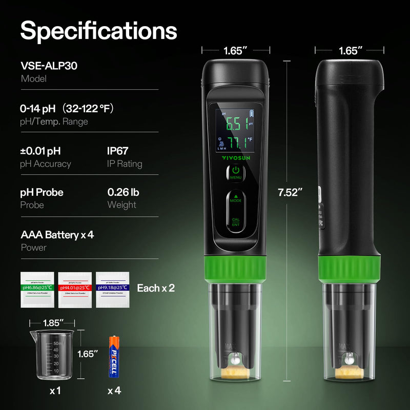 VIVOSUN Aerolab Digital pH Meter Kit ±0.01 High Accuracy, Waterproof pH Tester Pen with Replaceable Probe, LCD Display, Auto Temperature Compensation, Calibration Powder for Hydroponics, Gardening Black